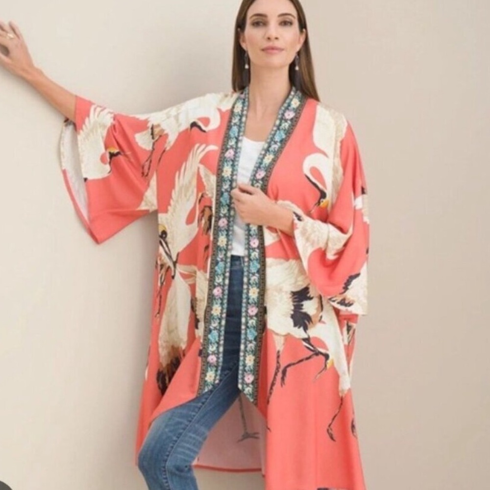 Anthropologie Arata Silent Journey crane print kimono OS
